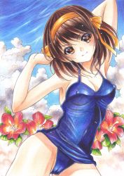 Rule 34 | 1girl, armpits, arms up, bag, blue one-piece swimsuit, blue sky, bow, breasts, brown eyes, brown hair, cameltoe, cleavage, closed mouth, cloud, collarbone, covered erect nipples, day, flower, hair between eyes, hair bow, hairband, head tilt, hibiscus, highres, long hair, looking at viewer, marker (medium), medium breasts, old school swimsuit, one-piece swimsuit, outdoors, red flower, school swimsuit, sideboob, sky, smile, solo, suzumiya haruhi, suzumiya haruhi no yuuutsu, swimsuit, tomoeri, traditional media, yellow bow, yellow hairband