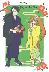 1boy 1girl 2025 :d ace_attorney alternate_costume athena_cykes bento black_hair black_kimono black_socks blue_eyes bow closed_mouth flower full_body grey_hair hair_bow happy_new_year holding_bento interlocked_fingers japanese_clothes kimono kizugusuriiiii long_hair long_sleeves multicolored_hair new_year open_mouth orange_hair own_hands_together ponytail sandals side_ponytail simon_blackquill smile socks star-shaped_pupils star_(symbol) streaked_hair symbol-shaped_pupils two-tone_hair very_long_hair white_socks wide_sleeves yellow_kimono