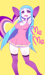 Rule 34 | 1girl, armpits, arms up, bikini, bikini under clothes, blue bikini, blue hair, blue panties, breasts, chan co, cleavage, dress, drooling, elbow gloves, gloves, highres, large breasts, long hair, looking at viewer, me!me!me!, meme (me!me!me!), panties, purple eyes, purple thighhighs, solo, striped bikini, striped clothes, striped panties, swimsuit, thighhighs, thighs, underwear, very long hair, wide hips, yellow background