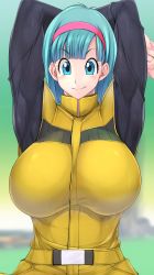 Rule 34 | 1990s (style), 1girl, absurdres, alternate breast size, armpits, arms behind head, arms up, belt, belt buckle, blue eyes, blue hair, blurry, blurry background, bodysuit, breasts, buckle, bulma, cleavage, collarbone, cowboy shot, depth of field, dragon ball, dragonball z, earrings, eyebrows, facing viewer, female focus, fingernails, green hair, green sky, hairband, happy, highres, huge breasts, jewelry, long sleeves, looking at viewer, namek, outdoors, popped collar, red hairband, resized, resolution mismatch, retro artstyle, ruton-niki, short hair, sky, smile, solo, source smaller, standing, stud earrings, uniform, upper body, upscaled, yellow bodysuit, zipper