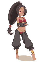 Rule 34 | 1girl, anklet, arabian clothes, bare shoulders, barefoot, black hair, blush, breasts, circlet, contrapposto, crossed arms, dark-skinned female, dark skin, full body, jewelry, original, ponytail, red eyes, sasaame, simple background, small breasts, smile, solo, standing, tiptoes, white background