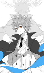 Rule 34 | 2boys, back-to-back, buttons, cape, cezaria, collared cape, collared shirt, double-breasted, facing away, formal, giotto (reborn), greyscale, hair between eyes, highres, jacket, katekyo hitman reborn!, looking at viewer, male focus, monochrome, multiple boys, necktie, orange eyes, pinstripe jacket, pinstripe pattern, pinstripe suit, sawada tsunayoshi, shirt, short hair, simple background, smile, spiked hair, spot color, striped, suit, suit jacket, twitter username, two-sided fabric, upper body, white background