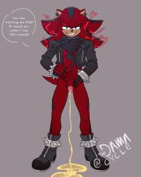 Rule 34 | 1boy, fingerless gloves, furry, furry male, gloves, green eyes, highres, jacket, leather, leather jacket, peeing, penis, red hair, solo, sonic (series), tail, toodamncycle