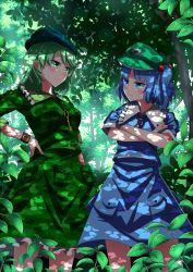 Rule 34 | 2girls, absurdres, aqua headwear, blue eyes, blue hair, blue shirt, blue skirt, blush, camouflage, camouflage headwear, camouflage shirt, camouflage skirt, closed mouth, crossed arms, flat cap, forest, green eyes, green hair, green headwear, green shirt, green skirt, hair bobbles, hair ornament, hand on own hip, hat, highres, kawashiro nitori, key, leaf, looking at another, multiple girls, nature, outdoors, pocket, sazanami mio (style), shimotsuki aoi, shirt, short sleeves, skirt, standing, sweatdrop, touhou, two side up, yamashiro takane