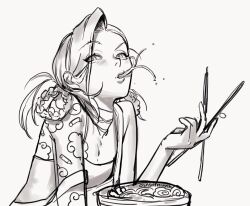 Rule 34 | 1girl, absurdres, alternate hair length, alternate hairstyle, artist name, bare arms, bare shoulders, blush, braid, breasts, bullet tattoo, chopsticks, cleavage, cloud tattoo, eating, food, highres, holding, holding chopsticks, jinx (league of legends), league of legends, noodles, ramen, shirt, small breasts, solo, twin braids, twintails, upper body, wosashimi