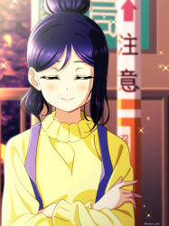 Rule 34 | 1girl, absurdres, alternate hairstyle, artist name, artist request, blue hair, blush, close-up, crossed arms, closed eyes, female focus, hair between eyes, hair bun, highres, isami don, long hair, looking at viewer, love live!, love live! sunshine!!, matsuura kanan, outdoors, parted lips, purple eyes, single hair bun, smile, solo, sparkle, sweater, upper body, yellow sweater