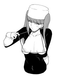 Rule 34 | 1girl, bikini, bikini under clothes, bleach, blush, breasts, breasts out, dokugamine riruka, embarrassed, hat, long hair, looking at viewer, medium breasts, monochrome, shiny skin, simple background, standing, sweat, swimsuit, tesu, tsundere, twintails, upper body, white background