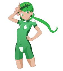 Rule 34 | 1girl, adapted costume, arm up, blush stickers, bodysuit, breasts, covered navel, creatures (company), cropped legs, dark-skinned female, dark skin, flower, game freak, green eyes, green hair, hair flower, hair ornament, hand on own hip, looking at viewer, low twintails, mallow (pokemon), nintendo, ookamiuo, pokemon, pokemon (anime), pokemon sm (anime), simple background, skin tight, skindentation, small breasts, smile, solo, swept bangs, twintails, white background