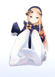 Rule 34 | 1girl, abigail williams (fate), absurdres, bandaid, bandaid on face, bandaid on forehead, black bow, black dress, black headwear, blonde hair, bloomers, blue eyes, blush, bow, c.rabbit, closed mouth, crossed bandaids, dress, fate/grand order, fate (series), feet, forehead, hair bow, highres, holding, holding stuffed toy, legs, long hair, long sleeves, looking at viewer, orange bow, pantyhose, parted bangs, polka dot, polka dot bow, simple background, sitting, sleeves past fingers, sleeves past wrists, soles, solo, stuffed animal, stuffed toy, teddy bear, thighband pantyhose, toes, underwear, white background, white bloomers, white pantyhose