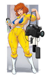 Rule 34 | 1girl, april o&#039;neil, bayeuxman, belt, boots, breasts, camera, covered erect nipples, full body, half-closed eyes, highres, holding, holding microphone, jumpsuit, large breasts, looking at viewer, medium hair, microphone, open mouth, puffy nipples, short hair, smile, solo, standing, teenage mutant ninja turtles, thick thighs, thighs, white footwear, wide hips, yellow jumpsuit