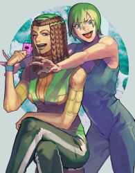 Rule 34 | 2girls, :d, ;d, blue eyes, brown hair, ermes costello, foo fighters (jojo), green hair, green lips, hand up, headgear, highres, holding, jojo no kimyou na bouken, looking at viewer, multiple girls, one eye closed, open mouth, outstretched arms, overalls, short hair, sleeveless, smile, sticker, stone ocean, tentarou