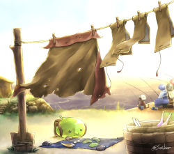 Rule 34 | 1boy, 3others, :3, arch bishop (ragnarok online), backpack, bag, blue coat, blue hair, cat, closed mouth, clothesline, coat, commentary request, cropped jacket, day, fishing, fishing rod, grass, jacket, lake, long sleeves, multiple others, outdoors, poporing, potion, ragnarok online, rouko605, short hair, signature, slime (creature), water, white jacket