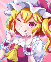 Rule 34 | 1girl, :q, ascot, blonde hair, breasts, closed mouth, collarbone, collared shirt, fingernails, flandre scarlet, frilled sleeves, frills, hair between eyes, hat, hat ribbon, head tilt, highres, kisaragi koushi, looking at viewer, medium hair, mob cap, nail polish, one eye closed, one side up, pink background, puffy short sleeves, puffy sleeves, red eyes, red nails, red ribbon, red vest, ribbon, sharp fingernails, shirt, short sleeves, simple background, small breasts, solo, tongue, tongue out, touhou, upper body, vest, white hat, white shirt, wrist cuffs, yellow ascot
