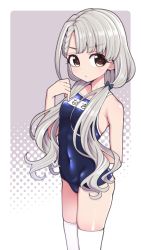 Rule 34 | 1girl, bare shoulders, blue bow, blue one-piece swimsuit, blue ribbon, blush, bow, braid, braided bangs, breasts, brown eyes, commentary request, covered navel, grey hair, hair bow, hair ribbon, hanauna, heart, hisakawa nagi, idolmaster, idolmaster cinderella girls, long hair, looking at viewer, low twintails, name tag, old school swimsuit, one-piece swimsuit, ribbon, school swimsuit, simple background, skindentation, small breasts, solo, spoken heart, standing, swimsuit, thighhighs, twintails, white thighhighs