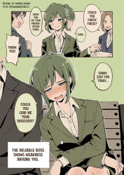 Rule 34 | 1boy, 2girls, bench, blue eyes, blush, crossed arms, crying, crying with eyes open, english text, green hair, green jacket, hard-translated, highres, jacket, maria komaki, multiple girls, office lady, original, speech bubble, tears, third-party edit