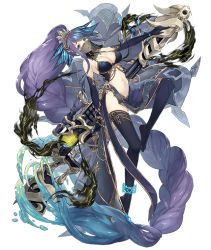 Rule 34 | 1girl, absurdly long hair, anklet, anti-materiel rifle, aqua eyes, bracelet, braid, breasts, dancer, elbow gloves, fins, full body, gloves, gold trim, gun, huge weapon, jewelry, ji no, large breasts, long hair, looking at viewer, navel, ningyo hime (sinoalice), official art, pelvic curtain, ponytail, purple eyes, revealing clothes, rifle, see-through, sinoalice, sniper rifle, solo, thighhighs, transparent background, veil, very long hair, water, weapon
