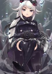 Rule 34 | 1girl, :d, black gloves, black jacket, black shorts, black thighhighs, commentary request, crossed legs, floating rock, full body, fur-trimmed sleeves, fur collar, fur trim, genbu (kemono friends), gloves, glowing, glowing eyes, grey eyes, hair ornament, highres, jacket, japari symbol, kemono friends, long hair, long sleeves, looking at viewer, open mouth, ponytail, shorts, shorts under skirt, silver hair, sitting, smile, snake tail, solo, steepled fingers, tadano magu, tail, thighhighs, turtle shell