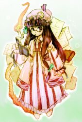 Rule 34 | 1girl, bespectacled, book, female focus, full body, glasses, gradient background, kanawo, mouth hold, patchouli knowledge, solo, touhou