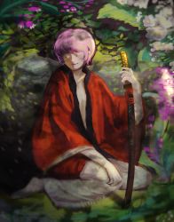 Rule 34 | 1girl, absurdres, blurry, blurry foreground, closed mouth, collarbone, erty113, closed eyes, flower, hand on own knee, highres, holding, holding sword, holding weapon, japanese clothes, katana, leaf, long sleeves, on grass, outdoors, pink hair, purple flower, short hair, sitting, solo, sukuna shinmyoumaru, sword, touhou, weapon, white flower, wide sleeves