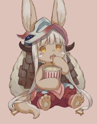 Rule 34 | 1other, ambiguous gender, animal ears, armor, barefoot, blunt bangs, blush stickers, choke (amamarin), cup, disposable cup, eating, food, full body, furry, hand up, helmet, highres, holding, holding food, horizontal pupils, horns, japanese armor, kabuto (helmet), looking at viewer, made in abyss, nanachi (made in abyss), open mouth, pants, popcorn, rabbit ears, red background, red pants, short hair, simple background, sitting, solo, tail, whiskers, white hair, yellow eyes
