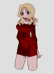 Rule 34 | 1girl, absurdres, arms behind back, blonde hair, blush, closed mouth, commentary request, cowboy shot, cropped legs, dress, girls und panzer, grey background, highres, kay (girls und panzer), light frown, long sleeves, looking at viewer, medium hair, pencil dress, red dress, ri (qrcode), short dress, simple background, solo, standing