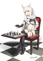 Rule 34 | 1girl, absurdres, animal ears, arknights, belt, black footwear, black gloves, black thighhighs, boots, breasts, brown eyes, chair, checkered floor, checkmate, chess piece, crossed legs, cup, elbow gloves, full body, gloves, hebai xiaochuan, highres, holding, holding cup, horse ears, jacket, knight (chess), long hair, looking down, medium breasts, open mouth, platinum (arknights), shorts, sidelocks, sitting, solo, thighhighs, transparent background, white belt, white hair, white jacket, white shorts, wide sleeves