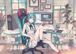 Rule 34 | alternate costume, aqua eyes, aqua hair, black socks, bug, butterfly, chair, chibi, city, collaboration, computer, computer tower, dress, earphones, flower, green eyes, green hair, hair between eyes, hatsune miku, indoors, insect, ixima, long hair, looking at viewer, office chair, plant, ribbon, sitting, skirt, socks, solo, suspender skirt, suspenders, swivel chair, tagme, twintails, very long hair, vocaloid, window blinds