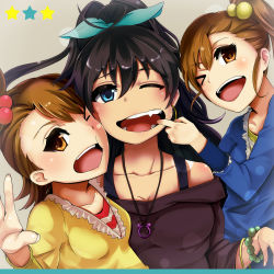 Rule 34 | 3girls, :t, black hair, blue eyes, bracelet, brown eyes, brown hair, cheek-to-cheek, cheek press, cheek pull, collarbone, fang, finger in another&#039;s mouth, futami ami, futami mami, gaku daichi, ganaha hibiki, hair bobbles, hair ornament, hair ribbon, heads together, highres, idolmaster, idolmaster (classic), jewelry, mouth pull, multiple girls, necklace, one eye closed, open mouth, ribbon, short hair, siblings, simple background, sisters, star (symbol), teeth, twins, wink