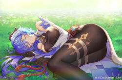 Rule 34 | 1girl, absurdres, ahoge, artist name, ass, bare shoulders, bell, black pantyhose, blue hair, breasts, chinese commentary, chunhwei lee, closed eyes, closed mouth, cowbell, day, detached sleeves, facing viewer, feet out of frame, ganyu (genshin impact), genshin impact, grass, hair between eyes, hair spread out, highres, horns, large breasts, long hair, long sleeves, lying, on grass, on side, outdoors, pantyhose, sideboob, sleeping, solo, watermark, weibo logo, weibo watermark