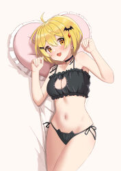 Rule 34 | 1girl, :3, absurdres, ahoge, bed sheet, blonde hair, blush, breasts, cat lingerie, cleavage, cleavage cutout, clothing cutout, hair between eyes, highres, hololive, looking at viewer, lying, medium breasts, medium hair, meme attire, navel, on side, open mouth, pillow, shimaketa, smile, solo, thong, virtual youtuber, yellow eyes, yozora mel