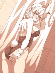 Rule 34 | 1girl, adjusting clothes, adjusting leotard, alternate costume, animal ears, ass, back, blush, body blush, breasts, closed mouth, cowboy shot, dutch angle, fake animal ears, fake tail, gloves, half updo, large breasts, leotard, looking down, mizuhashi parsee, monochrome, nose blush, ootsuki wataru, pantyhose, playboy bunny, pointy ears, rabbit ears, rabbit tail, sepia, short hair, short ponytail, solo, tail, touhou