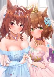 Rule 34 | 2girls, antenna hair, aston machan (haute couture memory) (umamusume), aston machan (umamusume), bare shoulders, blue dress, blue nails, blush, bow, breasts, bridal veil, bride, brown hair, cleavage, closed mouth, commentary request, crown, daiwa scarlet (something blue) (umamusume), daiwa scarlet (umamusume), dress, ear ornament, gloves, green eyes, highres, holding hands, komugikokonko, large breasts, looking at viewer, medium hair, multiple girls, nail polish, official alternate costume, pink dress, purple bow, red eyes, red hair, short hair, side-by-side, smile, tilted headwear, umamusume, upper body, veil, wedding dress, white gloves