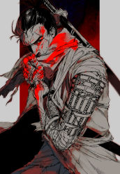 Rule 34 | 1boy, absurdres, armor, blood, blood on clothes, blood on face, cowboy shot, facial hair, hair pulled back, hand up, haori, highres, japanese clothes, katana, looking away, male focus, partially colored, piyomotsu, prosthesis, prosthetic arm, scabbard, scar, scar on face, scarf, sekiro, sekiro: shadows die twice, sheath, sheathed, short ponytail, solo, standing, sword, weapon, weapon on back