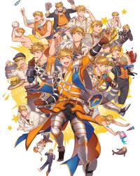 Rule 34 | 1boy, :o, alternate costume, alternate hairstyle, armor, ball, blonde hair, blush, bouquet, bow, bowtie, bread, character name, cleavage cutout, closed eyes, clothing cutout, collage, cover, cover page, english text, fanbook, flower, food, full body, fur gloves, gloves, granblue fantasy, green eyes, higashigunkan, highres, hood, hood up, hoodie, large pectorals, leg armor, long sleeves, looking at viewer, looking to the side, looking up, lying, male focus, multiple persona, muscular, muscular male, on stomach, one eye closed, open clothes, open mouth, paint, paint splatter, paint splatter on face, pants, pectorals, revealing clothes, sandwich, sash, shirt, short sleeves, shouting, sleeveless, sleeves rolled up, smile, smirk, star (symbol), teeth, topless male, towel, vambraces, vane (granblue fantasy), vane (the dragon knights) (granblue fantasy), white shirt