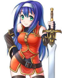 Rule 34 | 1girl, bare shoulders, belt, blue hair, blush, detached sleeves, fingerless gloves, fire emblem, fire emblem: path of radiance, fire emblem: radiant dawn, gloves, green eyes, hairband, hand on own hip, headband, long hair, mia (fire emblem), nintendo, planted sword, planted, reverse grip, simple background, smile, solo, soyo2106, sword, thighhighs, weapon, white background