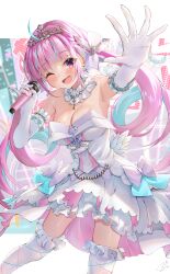 Rule 34 | 1girl, absurdres, ahoge, anchor symbol, armpits, bare shoulders, blue hair, blush, bow, breasts, cleavage, collar, colored inner hair, commentary request, dated, detached collar, dress, earrings, elbow gloves, frilled collar, frilled dress, frilled thighhighs, frills, gloves, hair bow, highres, holding, holding microphone, hololive, idol, jewelry, kairono3jou, large breasts, long hair, looking at viewer, microphone, minato aqua, minato aqua (aqua iro super dream), multicolored hair, official alternate costume, one eye closed, open mouth, outstretched arm, pink hair, purple eyes, sleeveless, sleeveless dress, smile, solo, thighhighs, tiara, twintails, two-tone hair, virtual youtuber, white collar, white dress, white gloves, white thighhighs