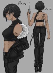 Rule 34 | 1girl, ass, belt, black hair, black jacket, black pants, black shirt, character name, collarbone, commentary request, crop top, dark-skinned female, dark skin, earrings, from behind, from side, fuku (fuku12290574), full body, fur-trimmed jacket, fur trim, gun, hand up, handgun, hands in pockets, highres, holding, holding weapon, jacket, jewelry, long hair, long sleeves, navel, off shoulder, open clothes, open jacket, original, pants, purple eyes, revolver, shirt, smile, solo, stomach, tattoo, turtleneck, very long hair, walking, weapon