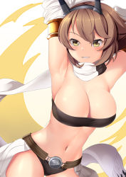 Rule 34 | 1girl, :d, armpits, arms up, bandeau, belt, bikini, black bikini, blush, breasts, brown hair, cleavage, commentary request, cowboy shot, detached sleeves, grin, headgear, highres, kantai collection, large breasts, looking at viewer, mutsu (kancolle), navel, open mouth, scarf, short hair, smile, solo, stomach, strapless, strapless bikini, swimsuit, teeth, two-tone background, v-shaped eyebrows, white scarf, yasume yukito, yellow eyes