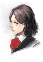 Rule 34 | 1girl, atlus, bad id, bad pixiv id, bow, bowtie, brown eyes, brown hair, ekao, female focus, gradient background, hasegawa saori, lips, mole, mole under eye, persona, persona 3, persona 3 portable, portrait, profile, red bow, red bowtie, solo, white background