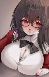 Rule 34 | 1girl, ahoge, azur lane, black bow, black bowtie, black hair, bow, bowtie, bra visible through clothes, breasts, button gap, glasses, highres, huge ahoge, ichigo moka, jacket, large breasts, long hair, looking at viewer, loose bowtie, mechanical pencil, nail polish, official alternate costume, pencil, red eyes, red jacket, red nails, round eyewear, shirt, shirt tucked in, solo, taihou (azur lane), taihou (sweet time after school) (azur lane), white shirt
