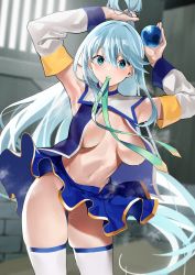Rule 34 | 1girl, absurdres, aqua (konosuba), armpits, arms up, blue eyes, blue hair, blue shirt, blue skirt, blurry, blurry background, breasts, commentary, convenient censoring, detached sleeves, groin, hair between eyes, hair ornament, hair rings, highres, holding, holding hair ornament, holding own hair, indoors, jikatarou, kono subarashii sekai ni shukufuku wo!, leaning to the side, long hair, looking at viewer, medium breasts, miniskirt, mouth hold, navel, no bra, open clothes, open shirt, ribbon, shirt, skirt, sleeveless, sleeveless shirt, standing, steaming body, sweat, thighhighs, thighs, very long hair, white thighhighs, wind, wind lift