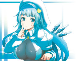 Rule 34 | 1girl, blue eyes, blue hair, blush, breasts, character request, cleavage, facial mark, hat, large breasts, long hair, matching hair/eyes, original, puffy sleeves, simple background, smile, solo, star (symbol), star facial mark, wakame