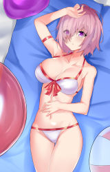 Rule 34 | 1girl, absurdres, adapted costume, ball, beachball, bikini, breasts, cleavage, collarbone, fate/grand order, fate (series), front-tie top, hair over one eye, hand on own head, hands on own stomach, highres, innertube, large breasts, lumu yuanxiang, lying, mash kyrielight, mash kyrielight (swimsuit of perpetual summer), navel, official alternate costume, purple eyes, purple hair, short hair, solo, swim ring, swimsuit, white bikini