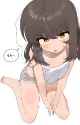 Rule 34 | 1girl, barefoot, brown hair, from above, highres, looking up, nakta, original, shorts, sitting, solo, wariza, white background, yellow eyes