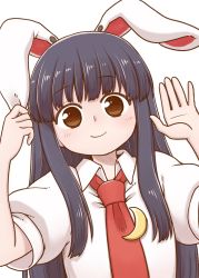 Rule 34 | 1girl, animal ears, black hair, blush, brown eyes, commentary request, cosplay, crescent, crescent pin, hands up, highres, houraisan kaguya, long hair, looking at viewer, necktie, poronegi, puffy short sleeves, puffy sleeves, rabbit ears, red necktie, reisen udongein inaba, reisen udongein inaba (cosplay), shirt, short sleeves, sidelocks, simple background, smile, solo, touhou, upper body, white background, white shirt