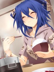 Rule 34 | 1girl, ^ ^, bangle, blue hair, blush, bow, bowl, bracelet, chopsticks, closed eyes, closed mouth, debt, drawstring, dutch angle, eating, closed eyes, facing viewer, food, food on face, hair between eyes, hair ornament, happy, hemogurobin a1c, holding, holding bow (ornament), holding bowl, holding chopsticks, hood, hood down, hoodie, indoors, jewelry, long hair, plate, pot, rice bowl, short hair, short sleeves, smile, solo, sparkle, table, touhou, upper body, wavy mouth, yorigami shion