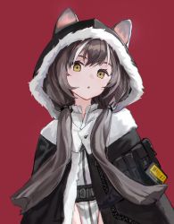 Rule 34 | 1girl, :o, animal ears, arknights, black cape, brown hair, cape, commentary, ears through headwear, highres, honeyberry (arknights), hood, hood up, hooded cape, looking at viewer, low twintails, multicolored hair, red background, shirt, simple background, solo, squirrel ears, squirrel girl, streaked hair, twintails, upper body, vido sprout, white hair, white shirt, yellow eyes