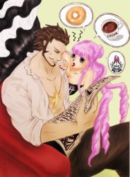 Rule 34 | 1boy, 1girl, annoyed, beard, breasts, brown hair, chair, cleavage, cross, cross necklace, doughnut, dracule mihawk, drill hair, facial hair, food, gecko moria, hot chocolate, jewelry, kuraigana island, large breasts, lipstick, long hair, makeup, nail polish, necklace, newspaper, one piece, perona, pink hair, reading, red lips, red nails, red upholstery, short hair, simple background, sitting, sweatdrop, yellow eyes
