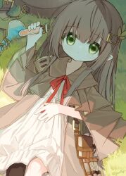 Rule 34 | 1girl, black pantyhose, bow, brown hair, brown jacket, closed mouth, commentary request, day, dress, erlenmeyer flask, flask, green eyes, hair between eyes, hair ornament, hairclip, holding, jacket, long hair, looking at viewer, lying, on back, on grass, open clothes, open jacket, original, outdoors, pantyhose, pointy ears, red bow, single leg pantyhose, solo, squirrel girl (yuuhagi (amaretto-no-natsu)), very long hair, vial, white dress, yuuhagi (amaretto-no-natsu)
