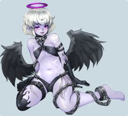 Rule 34 | 1girl, :p, arm belt, asymmetrical clothes, barbariank, bare shoulders, barefoot, black gloves, black thighhighs, black wings, chain, collar, colored skin, cuffs, dark angel (monster girl encyclopedia), feathered wings, flat chest, full body, gloves, halo, kenkou cross (company), leg belt, looking at viewer, monster girl encyclopedia, petite, pointy ears, purple eyes, purple skin, shackles, short hair, silver hair, simple background, single glove, single thighhigh, sitting, solo, tattoo, thighhighs, tongue, tongue out, wings